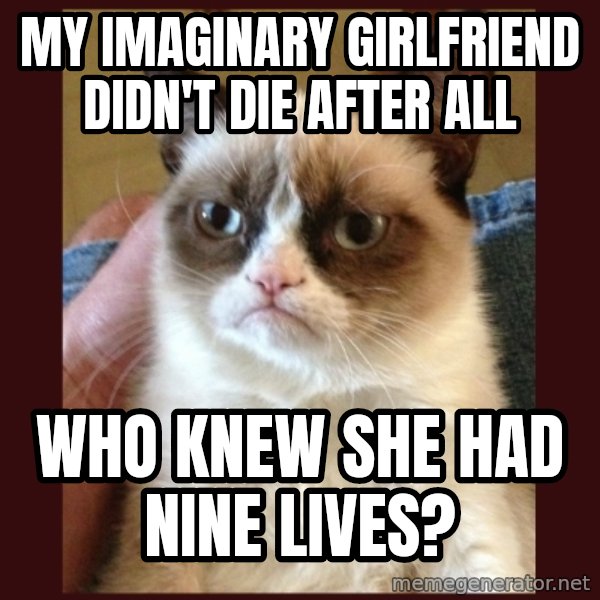 Grumpy Cat  meme: my imaginary girlfriend didn't die after alL / who knew she had nine lives?