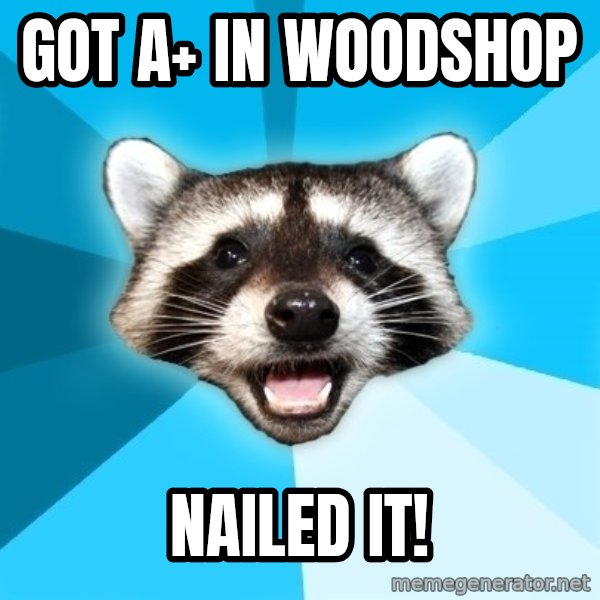 Lame Pun Coon meme: got A+ in woodshop / nailed it!