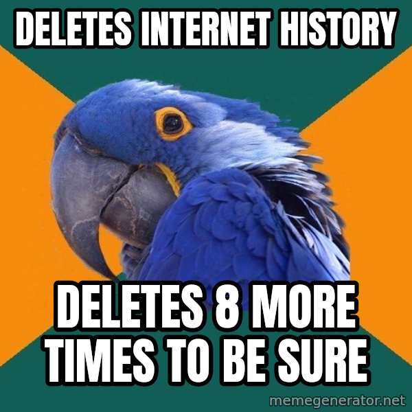 Paranoid Parrot meme: deletes internet history / Deletes 8 more times to be sure