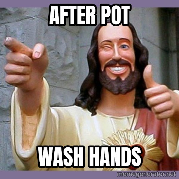buddy jesus meme: after pot / wash hands