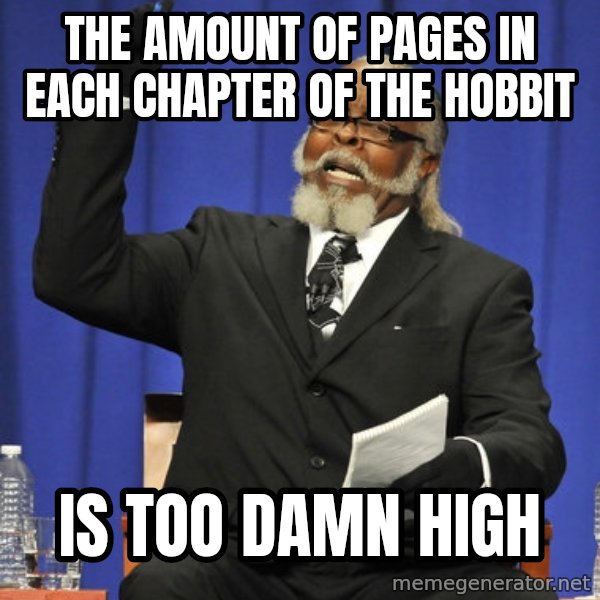 Rent Is Too Damn High meme: the amount of pages in each chapter of the hobbit / is too damn high