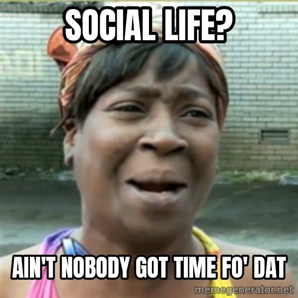 Ain't Nobody got time fo that meme: Social life? / Ain't nobody got time fo' dat