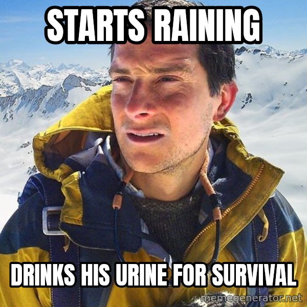 Bear Grylls meme: Starts Raining / Drinks his Urine For survival
