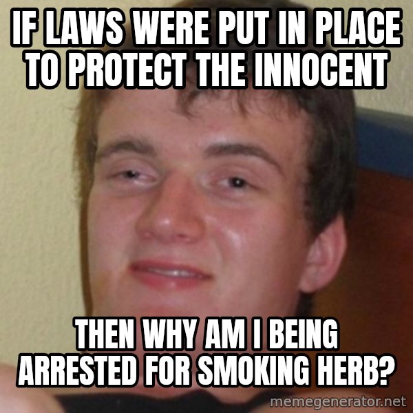 Stoner Guy meme: if laws were put in place to protect the innocent / then why am i being arrested for smoking herb?