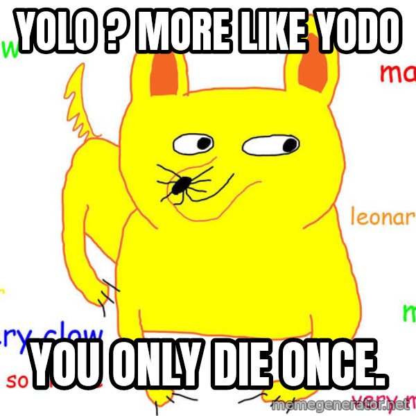 Grumpy Cat  meme: Yolo ? more like yodo / you only die once.