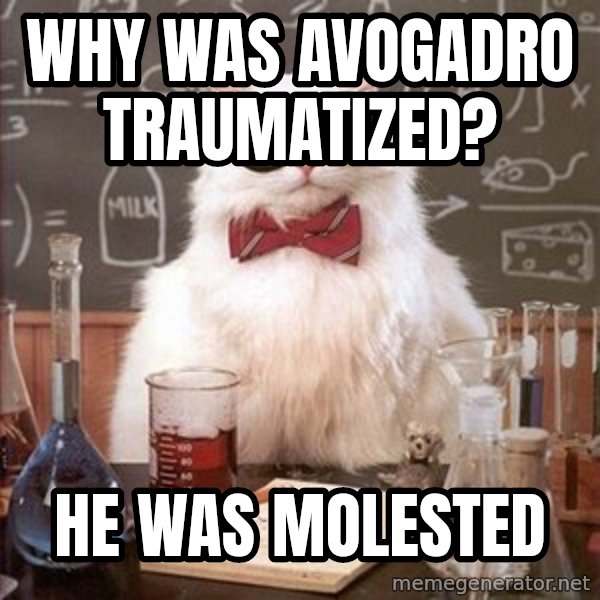 Chemistry Cat meme: Why was Avogadro traumatized? / He was mOlested