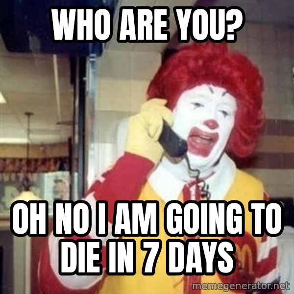 Ronald Mcdonald Call meme: Who are you? / oh no i am going to die in 7 days