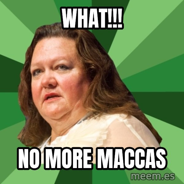 Dumb Whore Gina Rinehart meme: WHAT!!! / NO MORE MACCAS