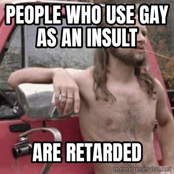 Almost Politically Correct Redneck meme: people who use gay as an insult / are retarded