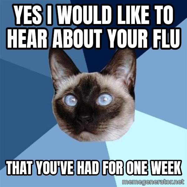 Chronic Illness Cat meme: yes i would like to hear about your flu / that you've had for one week
