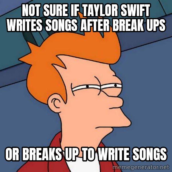 Futurama Fry meme: not sure if taylor swift writes songs after break ups / or breaks up to write songs
