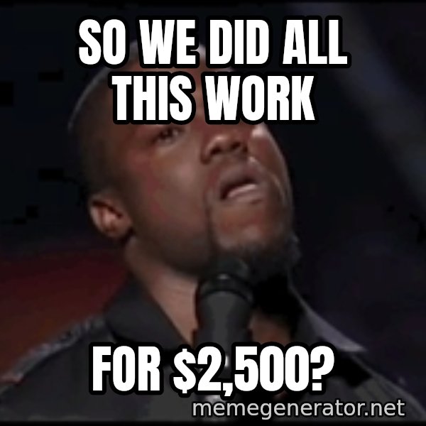 kevin hart playoffs meme: so we did all this work / for $2,500?