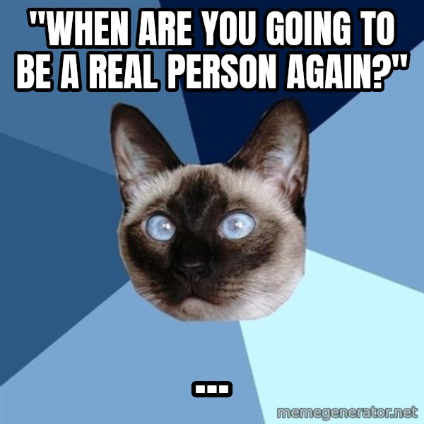 Chronic Illness Cat meme: "When are you going to be a real person again?" / ...
