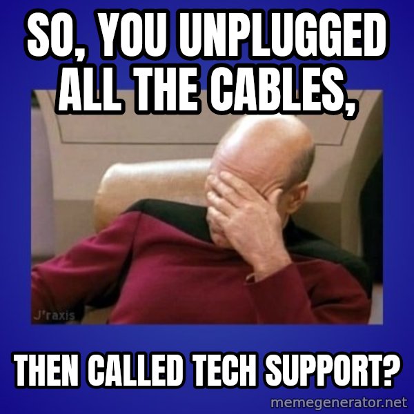 Picard facepalm  meme: So, you unplugged all the cables, / Then called tech support?