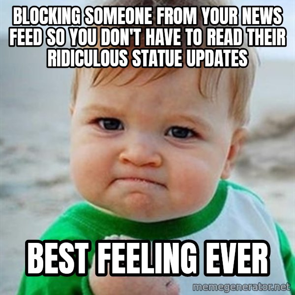 Victory Baby meme: Blocking someone from your news feed so you don't have to read their ridiculous statue updates / Best feeling ever