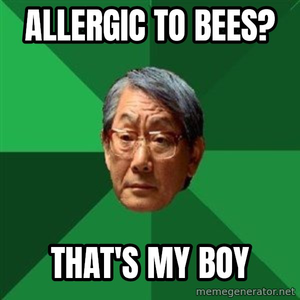 High Expectations Asian Father meme: ALLERGIC TO BEES? / THAT'S MY BOY