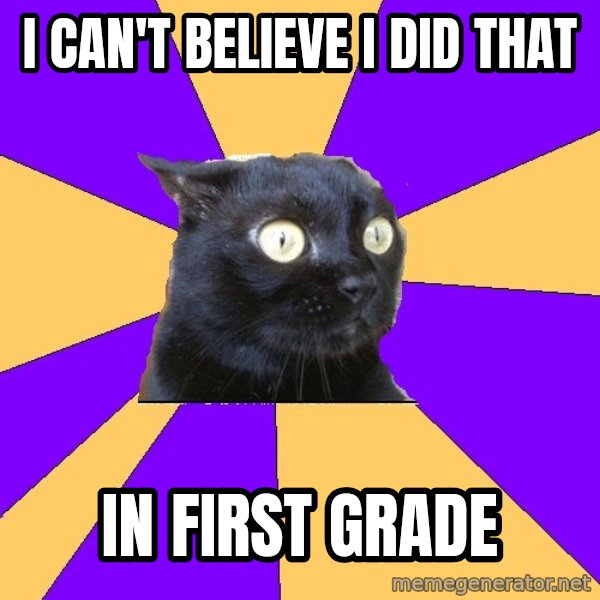 Anxiety Cat meme: I can't believe I did that / in first grade