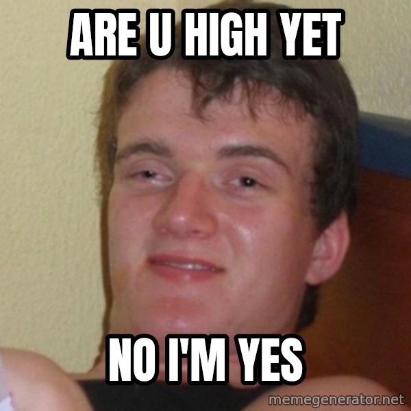 Really Stoned Guy meme: are u high yet / no i'm yes