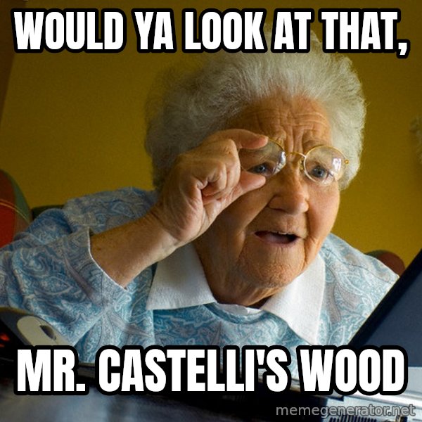 Internet Grandma Surprise meme: WOULD YA LOOK AT THAT, / MR. CASTELLI'S WOOD