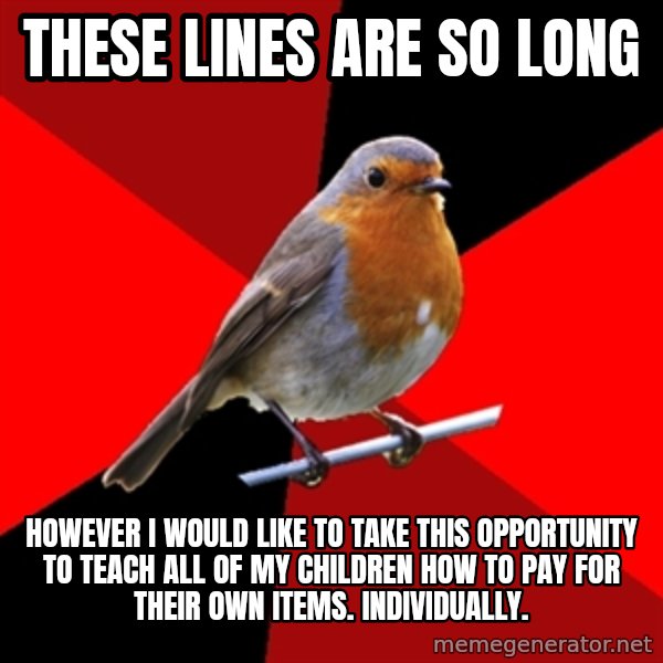 Retail Robin meme: THESE LINES ARE SO LONG / HOWEVER I WOULD LIKE TO TAKE THIS OPPORTUNITY TO TEACH ALL OF MY CHILDREN HOW TO PAY FOR THEIR OWN ITEMS. INDIVIDUALLY.