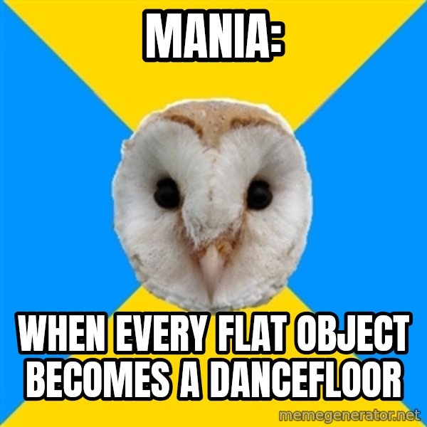 Bipolar Owl meme: mania: / When every flat object becomes a dancefloor