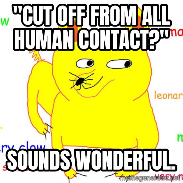 Grumpy Cat  meme: "Cut Off From All      Human Contact?" / Sounds wonderful.