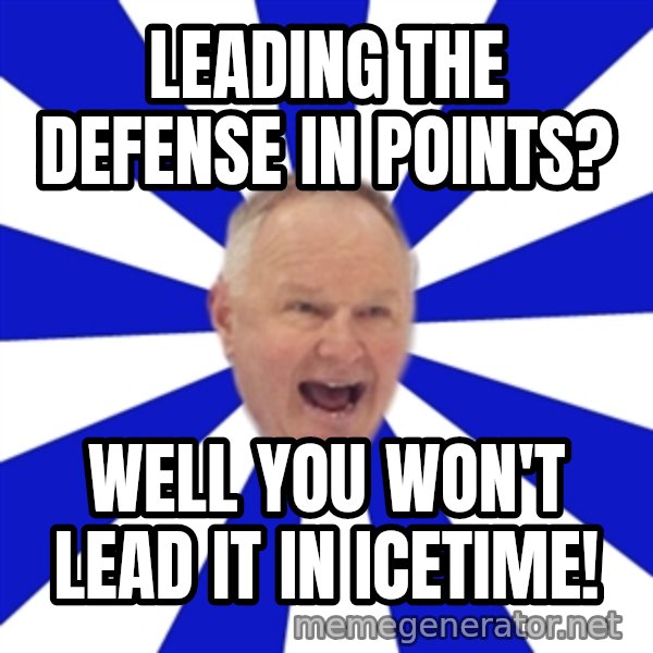 Crafty Randy meme: Leading the defense in points? / well you won't lead it in icetime!