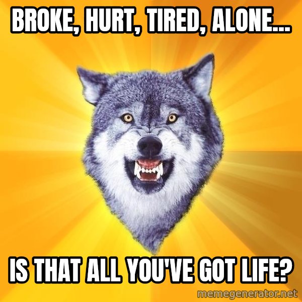 Courage Wolf meme: Broke, hurt, Tired, Alone... / Is that all you've got Life?