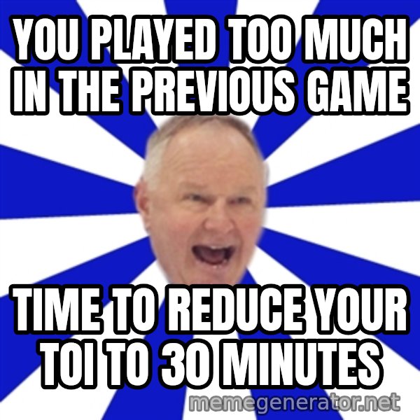 Crafty Randy meme: you played too much in the previous game / time to reduce your toi to 30 minutes
