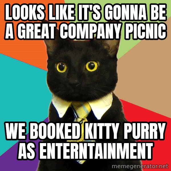 Business Cat meme: looks like it's gonna be a great company picnic / we booked kitty purry as enterntainment