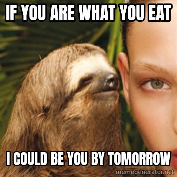 The Rape Sloth meme: If you are what you eat / I could be you by tomorrow