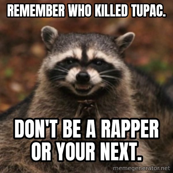 evil raccoon meme: remember who killed tupac. / don't be a rapper or your next.