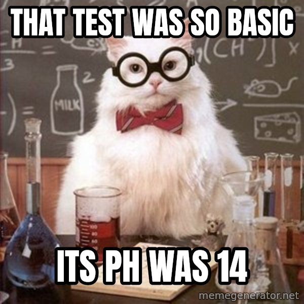 Chemistry Cat meme: That Test was so basic / Its pH was 14