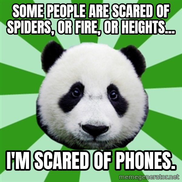 Dyspraxic Panda meme: Some people are scared of spiders, or fire, or heights... / i'M SCARED OF PHONES.