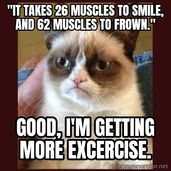 Grumpy Cat  meme: "It takes 26 muscles to smile, and 62 muscles to frown." / Good, I'm getting more excercise.