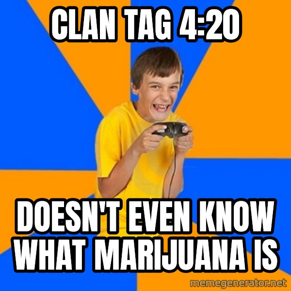 Annoying Gamer Kid meme: Clan tag 4:20 / Doesn't even know what marijuana is