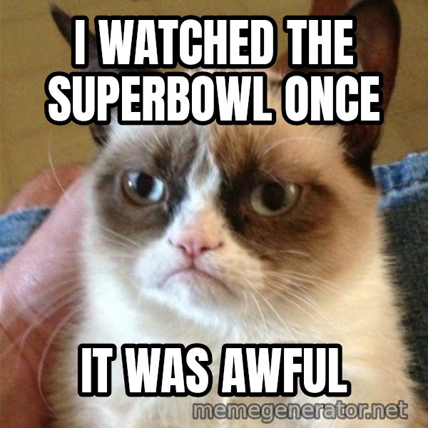 Grumpy Cat  meme: I watched the suPerbowl once / It was awful