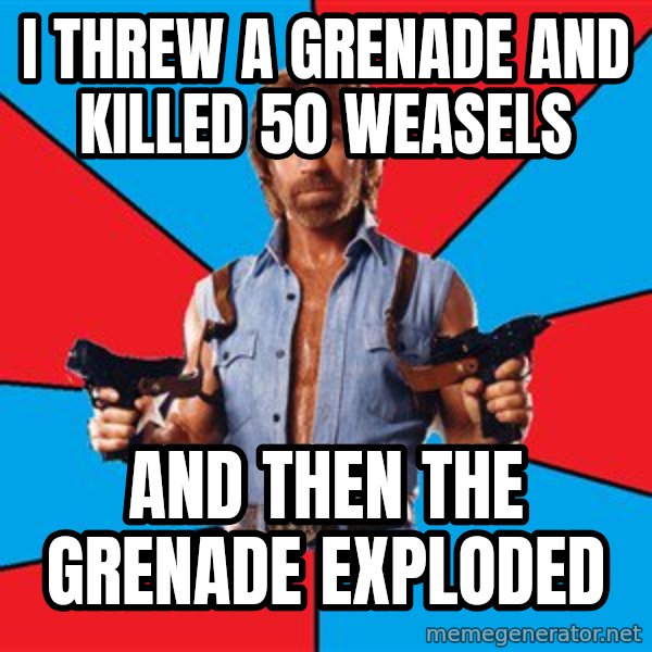 Chuck Norris  meme: i threw a grenade and killed 50 weasels / and then the grenade exploded