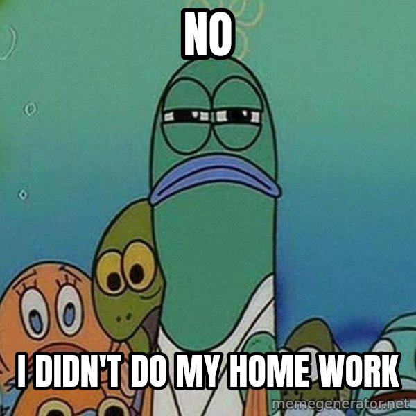 Serious Fish Spongebob meme: NO / i didn't do my home work
