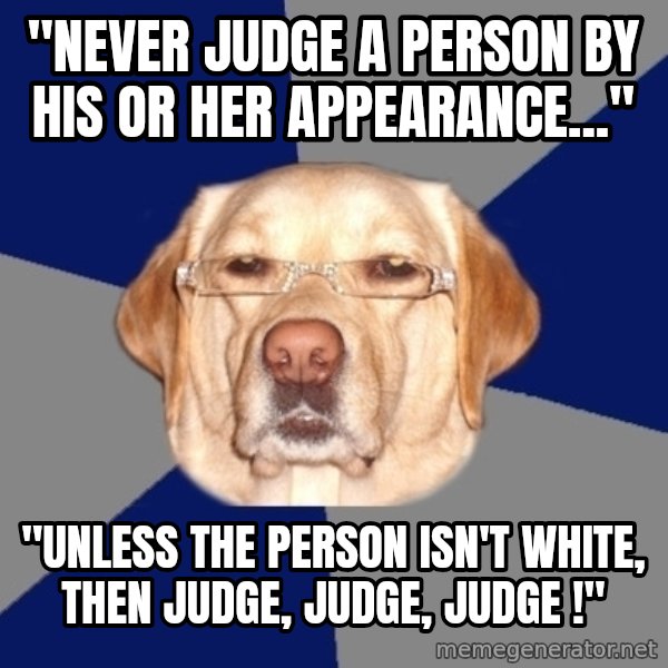 Racist Dawg meme: "Never judge a person by his or her appearance..." / "unless the person isn't white, then judge, judge, judge !"