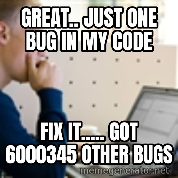 Computer Programmer meme: great.. just one bug in my code / fix it..... got 6000345 other bugs