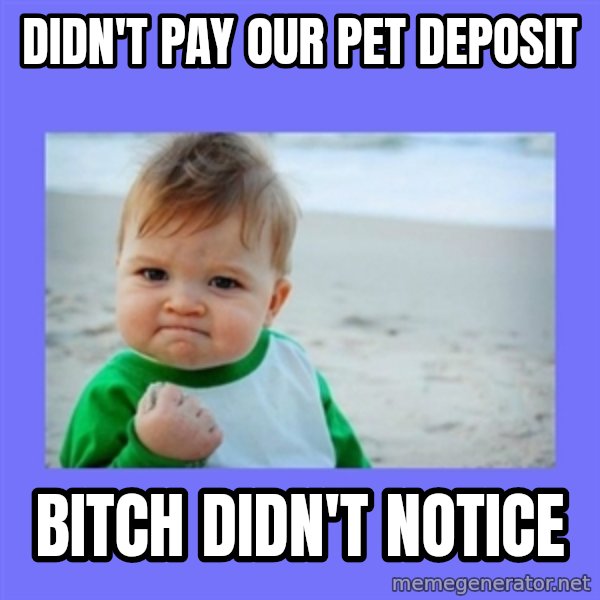 Baby fist meme: Didn't pay ouR pet deposit / Bitch didn'T noticE