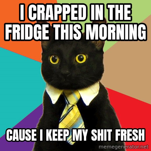 Business Cat meme: i crapped in the fridge this morning / cause i keep my shit fresh