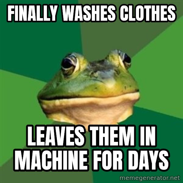 Foul Bachelor Frog meme: finally washes clothes / Leaves them in Machine for Days