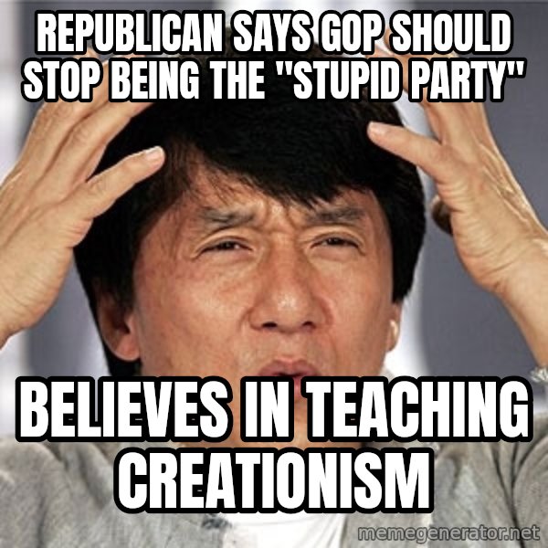 Jackie Chan meme: republican says gop should stop being the "stupid party" / believes in teaching creationism