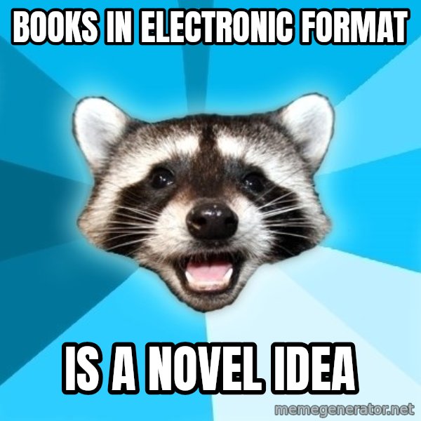 Lame Pun Coon meme: books in electronic format / is a novel idea
