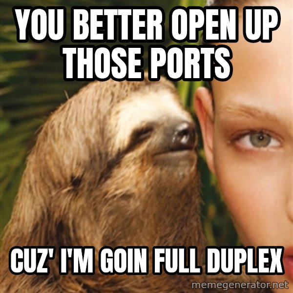 The Rape Sloth meme: You better Open up those ports / Cuz' I'm goin full duplex
