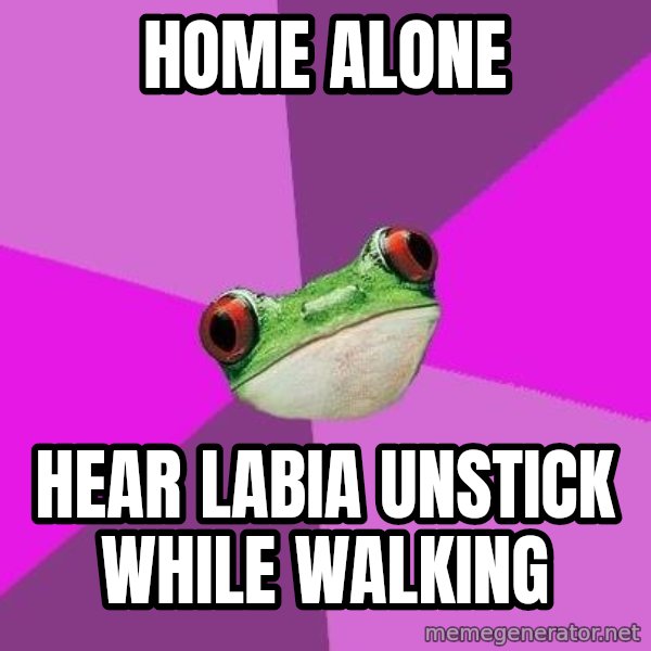 Foul Bachelorette Frog meme: Home alone / Hear labia unstick while walking