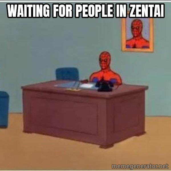 Spiderman Desk meme: waiting for people in zentai