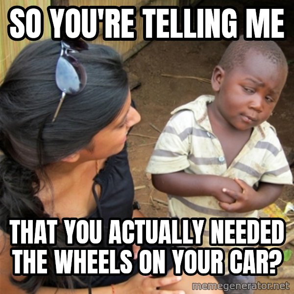 So You're Telling me meme: so you're telling me / that you actually needed the wheels on your car?